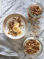 A Bowl of Granola and a Glass of Milk photo