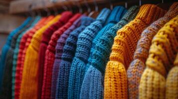 A Row of Colorful Sweaters Hanging on a Rack photo