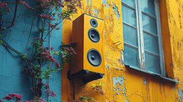 Speaker Mounted on Yellow Wall photo