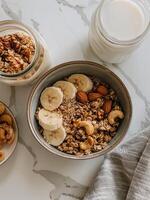 Bowl of Nuts, Bananas, and Yogurt photo