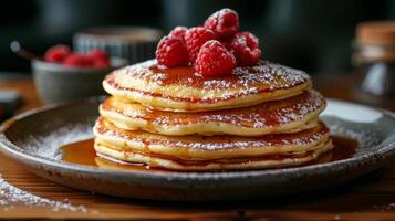 Stack of Pancakes Topped With Berries and Syrup photo