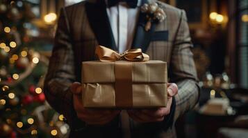 Man in Suit Holding Brown Gift Box photo