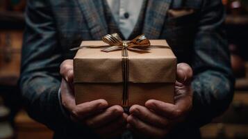 Man in Suit Holding Brown Gift Box photo