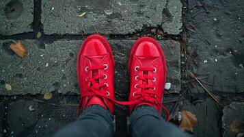 Person Wearing Red Shoes Standing on Sidewalk photo