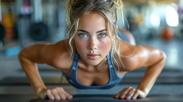 Woman Doing Push Ups in Gym photo