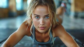 Woman Doing Push Ups in Gym photo