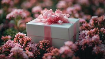 blanco regalo caja con rosado arco en campo de rosado flores foto