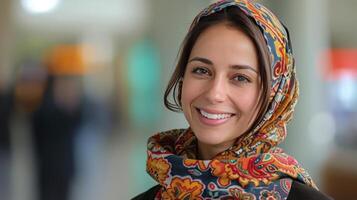 Woman in Headscarf Smiles for Camera photo