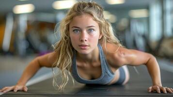 Woman Doing Push Ups in Gym photo