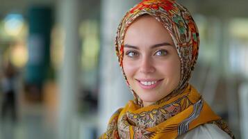 Woman in Headscarf Smiles for Camera photo