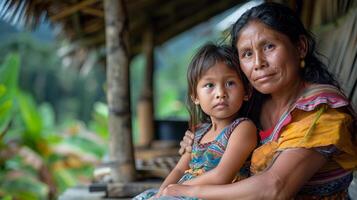 mujer y niño en pie en frente de choza foto