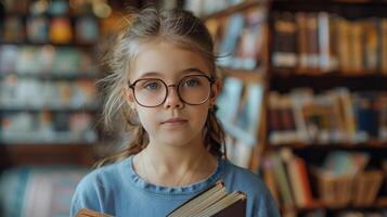 Young Girl Holding Book in Library photo