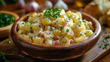 Wooden Bowl Filled With Potato Salad on Table photo