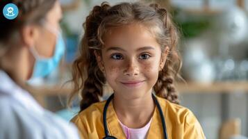 pequeño niña con estetoscopio hablando a médico foto