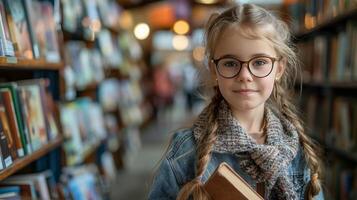 Young Girl Holding Book in Library photo