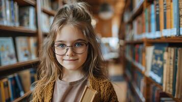 Young Girl Holding Book in Library photo