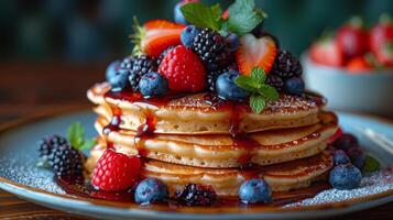 Stack of Pancakes Topped With Berries and Syrup photo