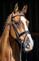 Close Up of a Brown Horse With Bridle photo
