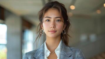 Woman in Suit and White Shirt Posing for Picture photo