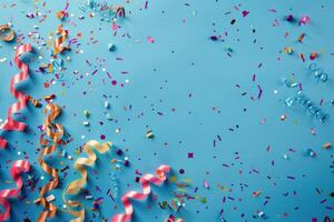 Celebratory Confetti and Streamers on Blue Background photo