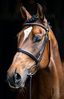 Close Up of Brown Horse Against Black Background photo