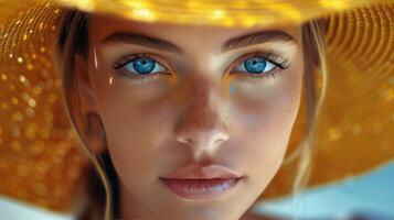 Close Up of Woman Wearing Yellow Hat photo