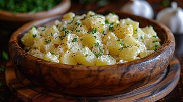 Wooden Bowl Filled With Potato Salad on Table photo