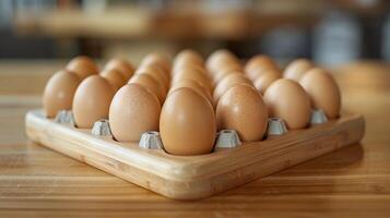 Group of Eggs on Wooden Table photo