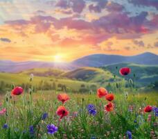 vibrante campo de flores debajo puesta de sol cielo foto