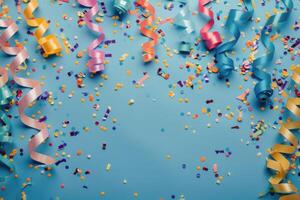 Celebratory Confetti and Streamers on Blue Background photo