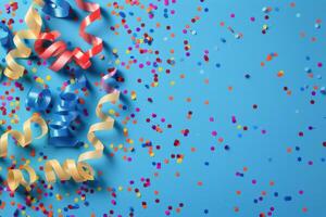Celebratory Confetti and Streamers on Blue Background photo