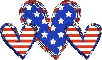 Three hearts adorned with the American flag, featuring stars and stripes in a charming rustic design. vector