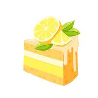 Piece of cake with lemon slices in flat style. Lemon cake with cream. Festive dessert. Flat cartoon design for postcards and stickers, birthday party invitation. vector