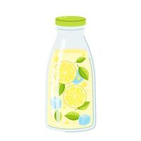 Cooling citrus lemonade in flat style. Lemon water, fresh cold drink in a bottle. Summer fruity refreshment. vector