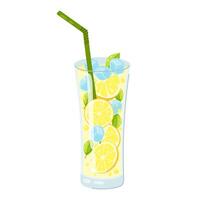 Lemonade with ice in a glass. Carbonated drink, lemonade, fruit drink, cold summer soft drink. Lemonade with fresh lemon in flat style. vector