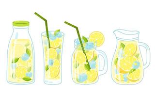 limonada en plano estilo. conjunto de verano frío bebidas limonada con hielo en diferente vaso contenedores frío bebidas vector
