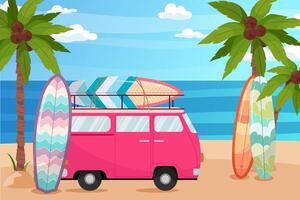 Cartoon summer banner with surfboards, palm trees and ocean. Summer, travel, vacation. Surfing in flat style. vector