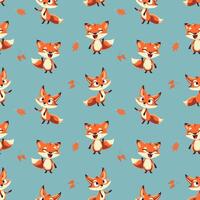 Seamless pattern with funny fox and leaves. Cartoon fox background. Autumnal pattern vector