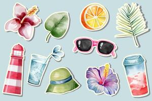 Watercolor summer stickers. Beach. Exotic flowers, palm leaves. Summertime sticker vector