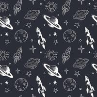 Monochrome seamless pattern with planets and rocket. Space background. Hand drawn space elements. vector
