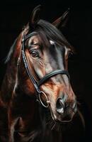 Close Up of Brown Horse Against Black Background photo