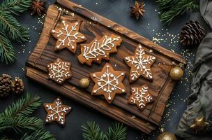 Wooden Board With Snowflake Cookies photo