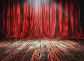 Wooden Floor With Red Curtain in Background photo