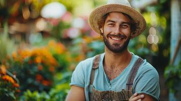 Man With Hat and Backpack Exploring Garden photo