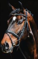Close Up of Brown Horse Against Black Background photo
