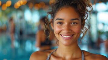Smiling Woman With Ponytail Looking at Camera photo