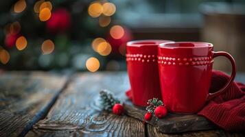 Two Red Cups on Wooden Table photo