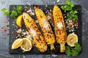 A la parrilla maíz en el mazorca con hierbas y Tomates foto