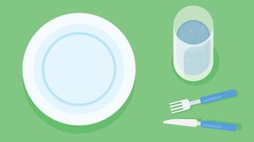 Empty plate on a green tablecloth with fork, knife and a glass water. vector