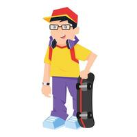 Cool boy in cap holding skateboard. vector